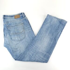 BKE Jeans 33R Meas 34x31  Blue Carter Straight Thick Stitch Whiskered‎ Denim